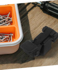 Flexible Hood Latch Lock Kit With Black T-Handle Hasps and Brackets next to screws tray on wooden surface