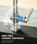 Tohlar Brushed Nickel Kitchen Faucet with Pull Down Sprayer showcasing a drip-free ceramic cartridge and water flow.