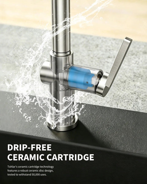 Tohlar Brushed Nickel Kitchen Faucet with Pull Down Sprayer showcasing a drip-free ceramic cartridge and water flow.