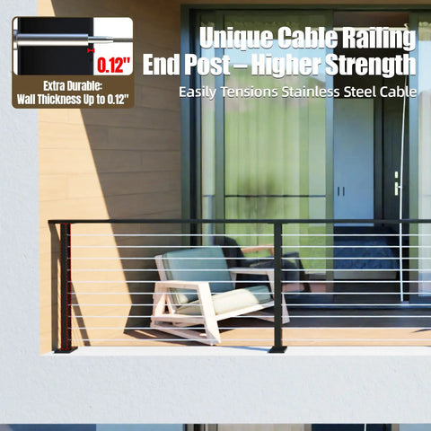 Beefy 36 Inch High Steel Cable Railing Post For Decks with black powder finish on a balcony, showing durability and design.