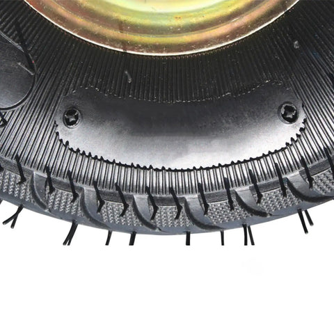 Close-up of tire on Beefy Heavy Duty Swivel Casters Kit With Double Ball Bearings For Workbenches, Carts, 10 Inch Wheels.