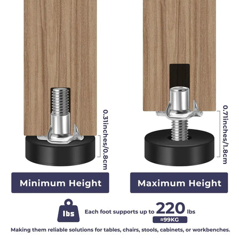 Beefy Heavy Duty Adjustable Furniture Leveling Feet Kit With 12 Pack Claw Nail Nuts 0 to 0.4 Inches Height Range Quarter Inch Thread For Tables Desks Chairs Stools Cabinets No Wobble Stability