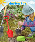 Person planting a tree next to red and green shovels; 16 Inch Jumbo Beach Sand Shovel Set For Kids And Adults visible.