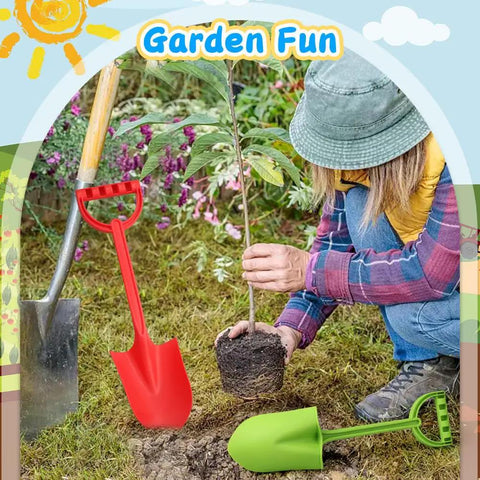 Person planting a tree next to red and green shovels; 16 Inch Jumbo Beach Sand Shovel Set For Kids And Adults visible.