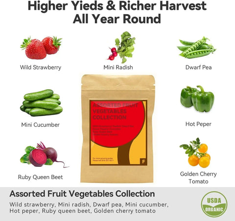 Assorted fruit vegetables collection with wild strawberry, mini radish, dwarf pea, mini cucumber, hot pepper, ruby queen beet, golden cherry tomato.