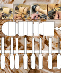 8 Piece M2 HSS Wood Lathe Chisel Set with diagrams of use for turning bowls, showing roughing gouge, spindle and bowl gouge, scraper.
