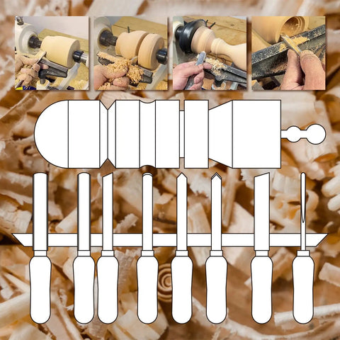 8 Piece M2 HSS Wood Lathe Chisel Set with diagrams of use for turning bowls, showing roughing gouge, spindle and bowl gouge, scraper.