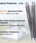 Lightweight 7001 Aircraft Grade Aluminum Tent Poles Replacement Kit with polished surface near a camping tent on grass.