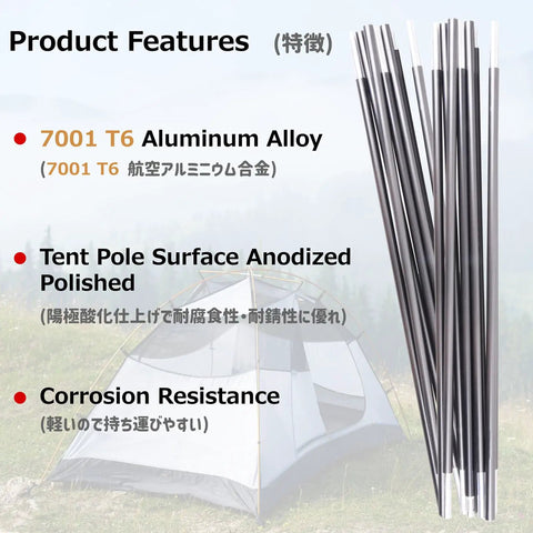 Lightweight 7001 Aircraft Grade Aluminum Tent Poles Replacement Kit with polished surface near a camping tent on grass.