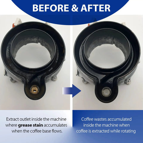 Before and after cleaning with Powerful Vertuo Cleaning Pods And Capsules Cleaner Kit, showing improved machine outlet condition.