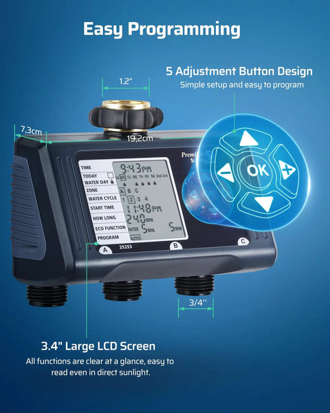 Three Zone Sprinkler Timer With Four Programmable Programs For Hose Faucet Watering, Auto Rain Delay And Manual Mode, Outdoor Irrigation Controller For Lawn And Garden shown with LCD and controls