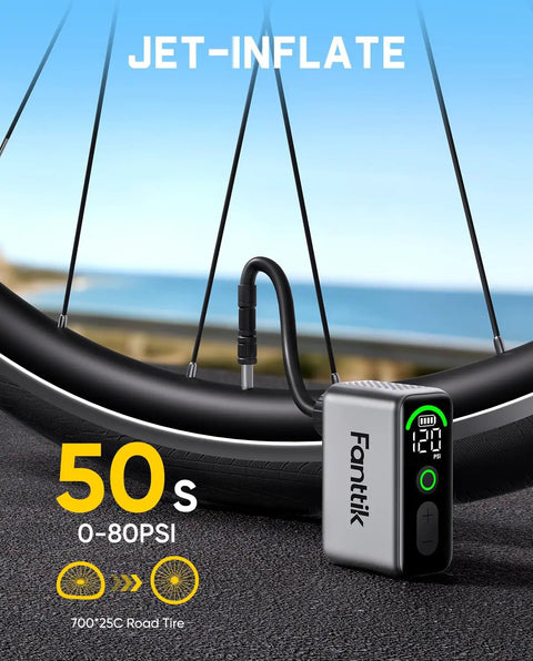 Tiny But Mighty Mini Electric Bike Pump With 120 PSI Presta And Schrader Valve Fast Inflate Ultra Portable in use on bike tire.