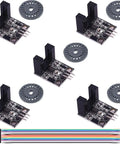 LM393 H2010 Infrared Photoelectric Sensor Module with 10mm slot, Dupont cables, and rotary discs for counting and motor speed applications.