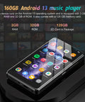 Android 13 MP3 Player With Bluetooth And WiFi, 5 Inch HD Display, 1080P MP4 Player, shown with app icons on screen.