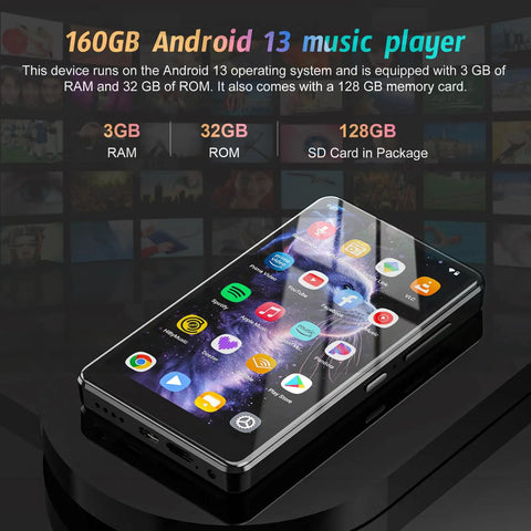 Android 13 MP3 Player With Bluetooth And WiFi, 5 Inch HD Display, 1080P MP4 Player, shown with app icons on screen.