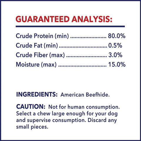 Guaranteed analysis of Made In USA Thick Beefhide Chews For Dogs Long Lasting Rawhide Bones Five Inch Chews Pack Of 22