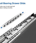 Close-up of 36 Inch Soft Close Heavy Duty Drawer Slides with Full Extension, showcasing ball bearing system and side mount design.