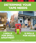 Image showing moving boxes and determining tape needs for apartments and houses, with product packaging in the middle.