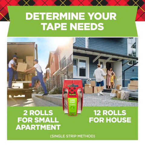 Image showing moving boxes and determining tape needs for apartments and houses, with product packaging in the middle.