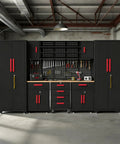 Black Garage Tool Cabinet Set, 9-Piece Storage System For Tools And Gear, Heavy-Duty Corner Workshop Organizer displayed in garage.