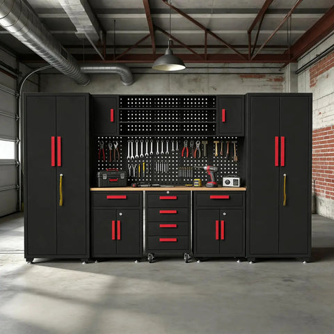 Black Garage Tool Cabinet Set, 9-Piece Storage System For Tools And Gear, Heavy-Duty Corner Workshop Organizer displayed in garage.