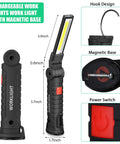 Eight Piece LED Work Light Set With Magnetic Base And Hanging Hook, showing hook design, magnetic base, and power switch.