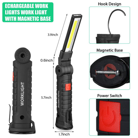Eight Piece LED Work Light Set With Magnetic Base And Hanging Hook, showing hook design, magnetic base, and power switch.