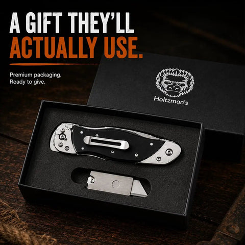Heavy Duty Folding Utility Knife With Belt Clip EDC Pocket Knife And Box Cutter Gift Set for Men in black gift box