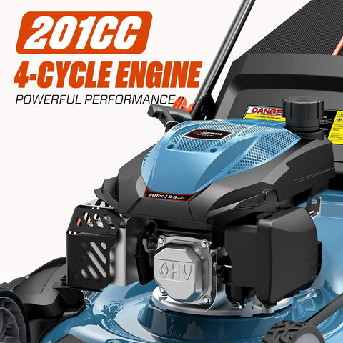 22 Inch 201cc Gas Lawn Mower With 3 In 1 Mulch Side Discharge Rear Bag Rear Wheel Self Propelled Drive Up To 2.9 MPH 4.7 HP OHV Engine That Cuts Like A Boss, 201cc 4-cycle OHV engine close-up