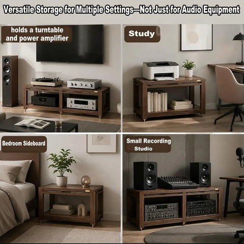 Two To Three Tier AV Media Stand with shock absorbing feet in different room settings, supporting hi-fi gear.