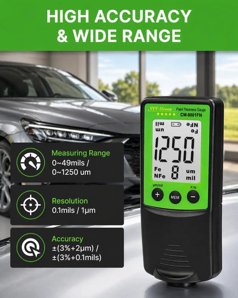 Hardcore Car Paint Thickness Gauge With 1 Micrometer Resolution, 0 To 1250 Micrometers Range, Ferrous And Non Ferrous Detection, Auto Repaint Check, Digital Coating Meter For Used Cars, Dealership Inspections, And Detail Pros on car hood