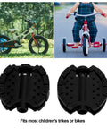 Two Piece Plastic Kids Pedals Set For Tricycles And Bikes Black Non Slip Foot Pedals Front Wheel Mat Foot Rest, shown with trikes