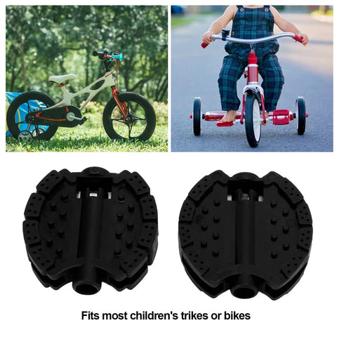 Two Piece Plastic Kids Pedals Set For Tricycles And Bikes Black Non Slip Foot Pedals Front Wheel Mat Foot Rest, shown with trikes