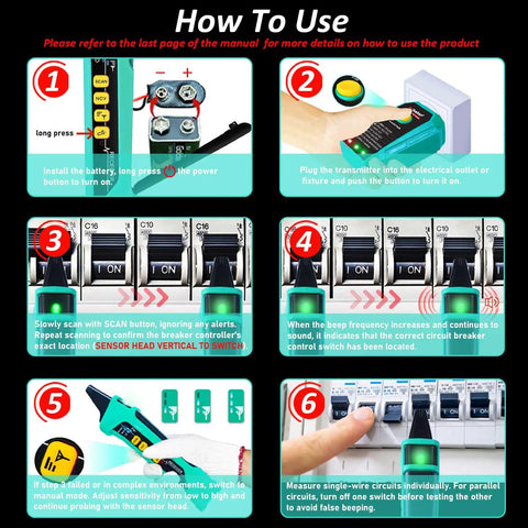 Instructions for using the Digital Circuit Breaker Finder With NCV Tester, Built-In Flashlight, Voltage Tester, And Integrated GFCI Outlet Tester XT-33A.