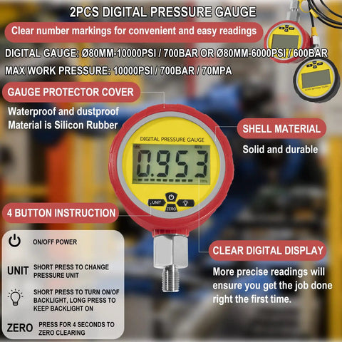 Digital pressure gauge showing reading, part of Heavy Duty Hydraulic Pressure Test Kit With Digital Gauges 10000 PSI And 70 MPa 11 Couplings 2 Test Hoses Versatile Excavator And Construction Machinery Hydraulic System Diagnostic Tool For Maintenance And Safety.