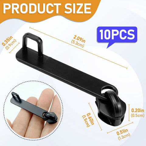 Illustration of Universal Zipper Slider Replacement Kit For Luggage And Gear Ten Piece Set With Double Layer Pull Tabs size details