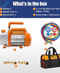Components of 3.6 CFM AC Vacuum Pump And Gauge Set For R410A Refrigerants Home Mini Split Kit with manifold, hoses, and tool bag.