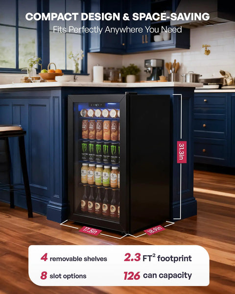 126 Can Beverage Refrigerator Cooler With Glass Door Mini Fridge for Home Bar or Office. Installed under kitchen counter.