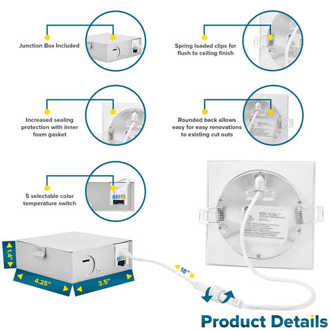 Diagram of Slim 4 Inch Square LED Recessed Ceiling Lights With Junction Box, Five Color Temperatures 2700K To 5000K, 10W, 750 Lumens, Dimmable