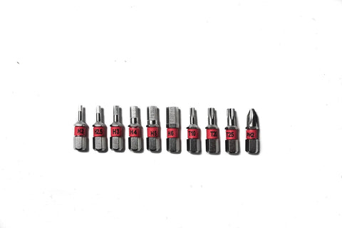 T Ratchet Torque Kit With Titanium Torsion Beam And 10 S2 High Vis Hex Torx Phillips Bits arranged in a line on white background