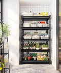 Hella Sturdy Five Tier Metal Shelving Unit Premium Heavy Duty Storage Rack For Garage Kitchen Pantry Adjustable Utility Shelf Black with plants and baskets.