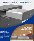 Straight Up Soft Close Undermount Drawer Slides Full Extension hidden cabinet hardware shown with locking mechanism and full drawer extension.