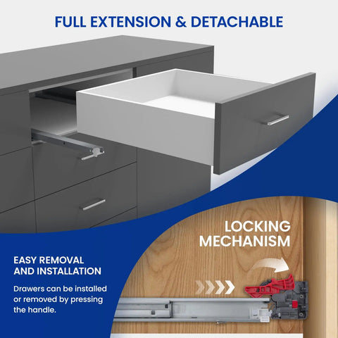 Straight Up Soft Close Undermount Drawer Slides Full Extension hidden cabinet hardware shown with locking mechanism and full drawer extension.