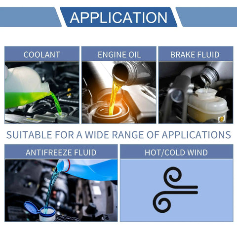 Application uses for automotive fluids: coolant, engine oil, brake fluid, antifreeze, hot/cold wind. Various fluid pour shots.