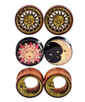 Six Piece Ear Plugs Set Sun Moon Natural Wood And Acrylic Tunnels Expander Plugs For Piercing Includes 0G 00G 8Mm 10Mm 12Mm And 14Mm Screw In Design For Easy Fit And All Day Comfort with sun and moon designs
