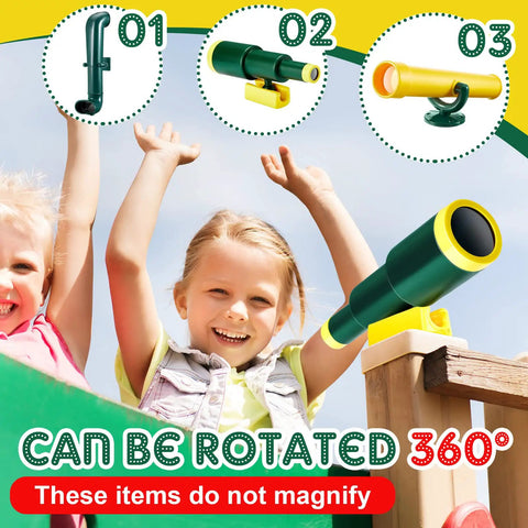 Children using Pirate Themed Playground Accessories Set For Swing Set 9 Piece Outdoor Playhouse Kit With Plastic Telescopes