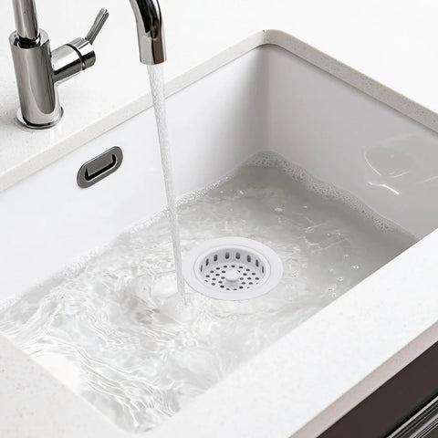 Big Post Style Brass Kitchen Sink Basket Strainer With White Powder Coat Finish in a running water-filled sink view