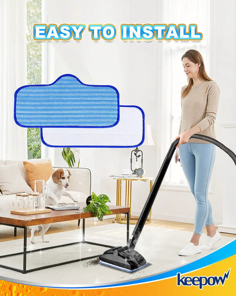 Washable Microfiber Steam Mop Pads For Dupray Neat And Schenley Mops, Reusable 6 Pack, woman mopping floor in living room