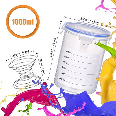 Eight 1000ml Paint Containers With Stainless Steel Mixing Balls, Airtight Lids, Labels Included for easy DIY projects shown.