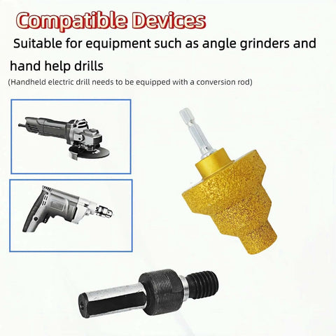 Diamond-coated step drill bit with M10 shank (20/35/50mm) for tile/concrete; gold finish, displayed with angle grinders